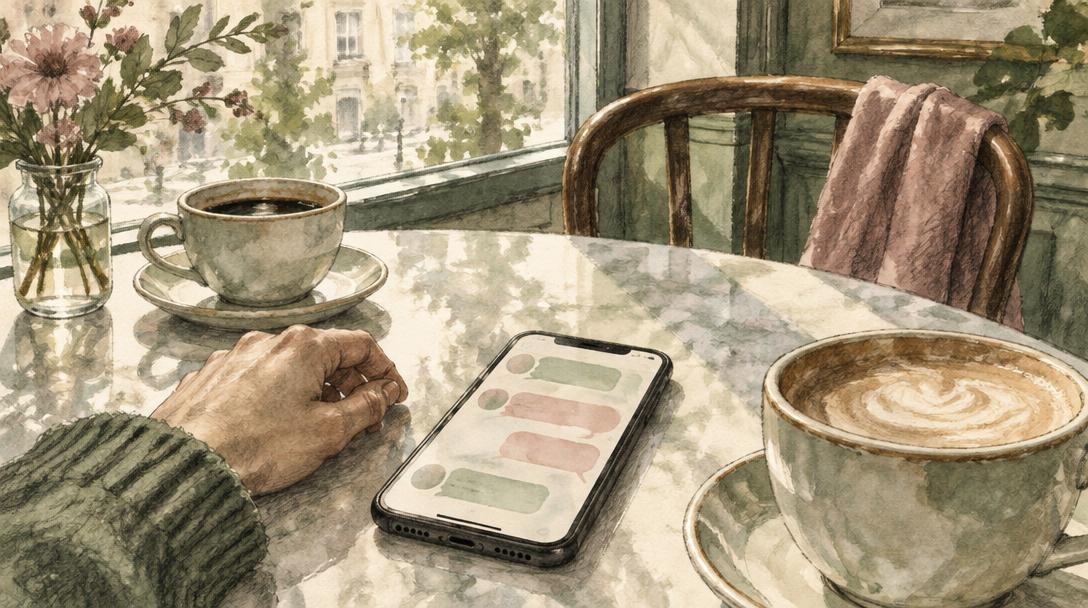 Mano junto a un teléfono con mensajes sin texto, dos tazas de café y una silla vacía frente a una ventana