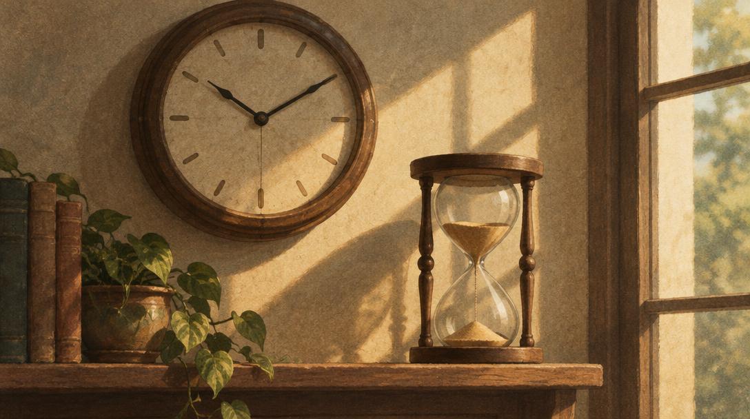 Reloj de pared antiguo y reloj de arena sobre una repisa de madera iluminada por el sol de la ventana