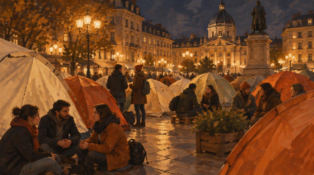 Tiendas de campaña de una acampada pacífica por la vivienda en una plaza europea de noche, con personas conversando bajo las farolas