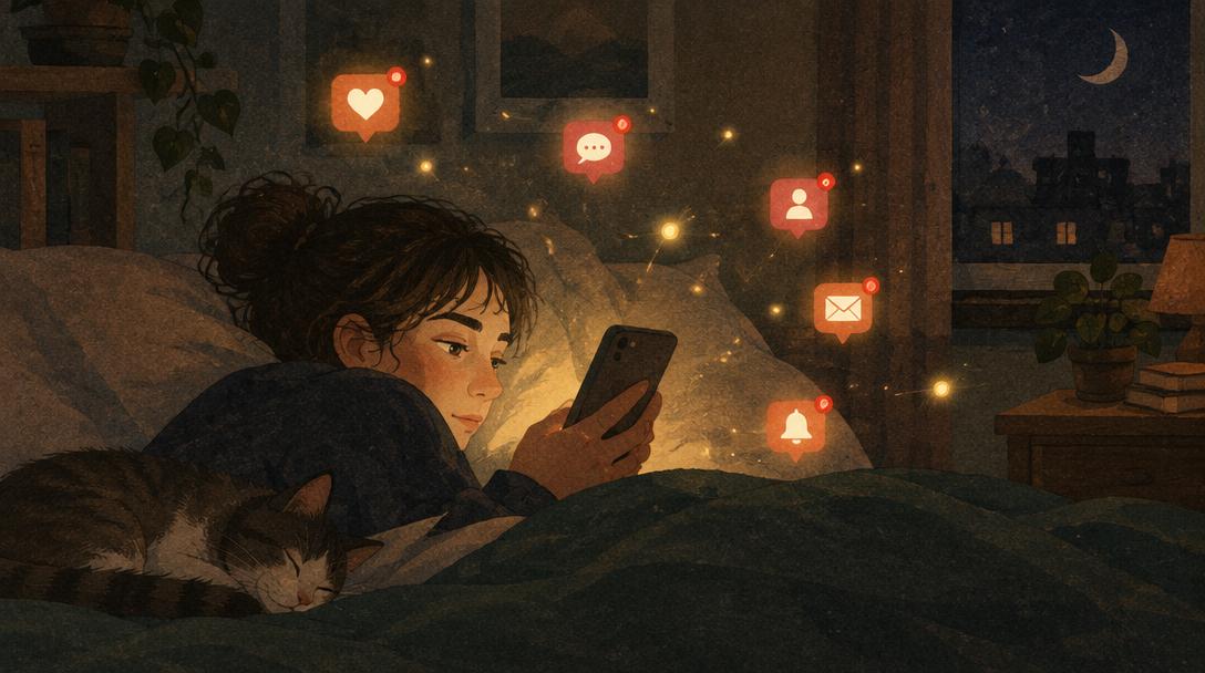 Mujer en la cama de noche iluminada por la pantalla del móvil, rodeada de iconos de notificaciones flotando como luciérnagas