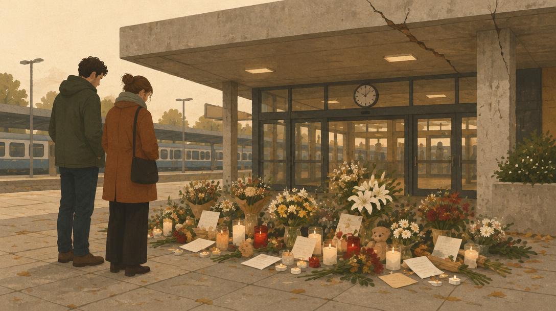 Velas, flores y notas dejadas en el suelo frente a la entrada de una estación de tren con una marquesina agrietada, mientras dos personas guardan silencio