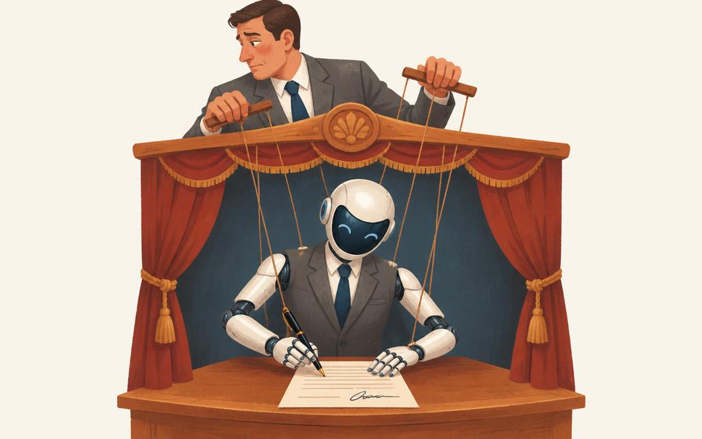 Hombre de traje manipulando los hilos de un robot con traje que firma un documento sobre un escenario con cortinas rojas, como un titiritero que se desentiende de lo que firma