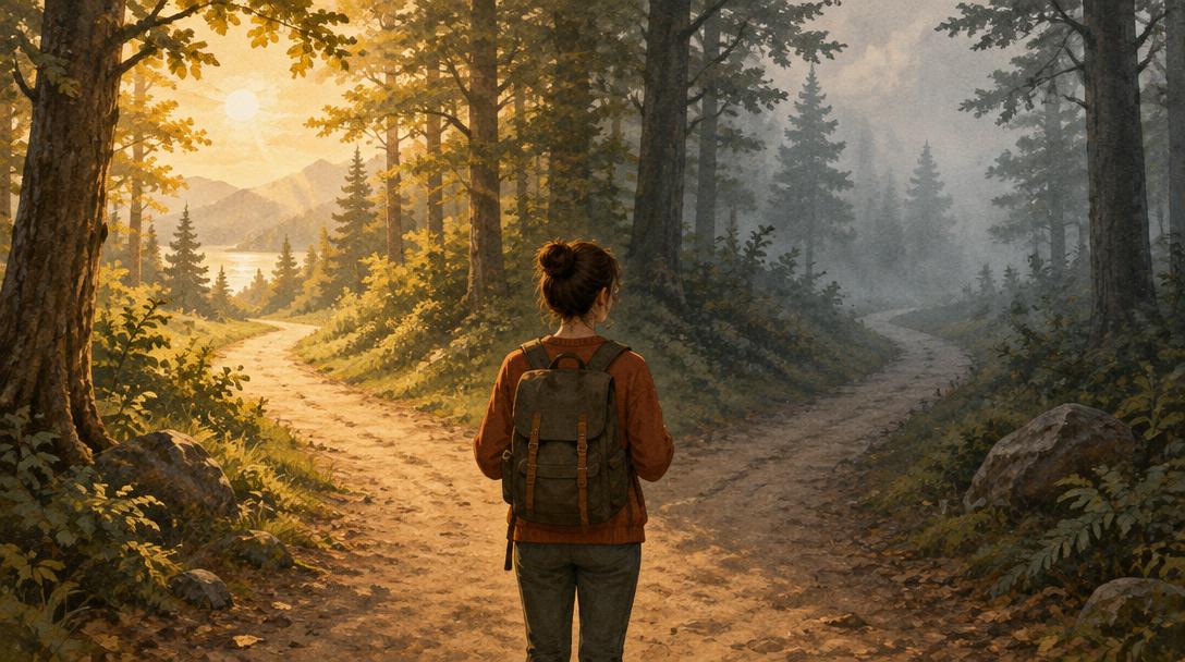 Mujer con mochila de espaldas ante una bifurcación en un bosque, un camino soleado y otro envuelto en niebla