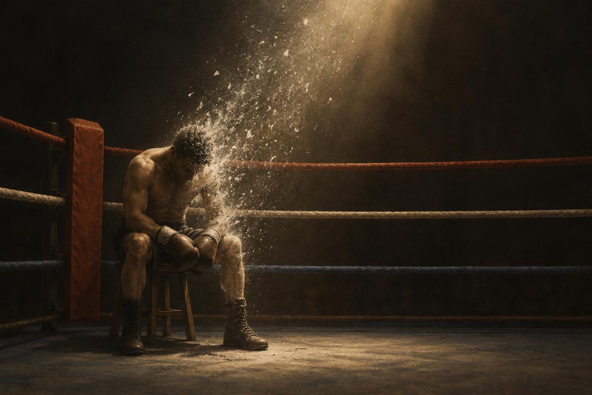 Boxeador sentado en un taburete en la esquina de un ring vacío, cuyo cuerpo se deshace en ceniza blanca bajo un foco