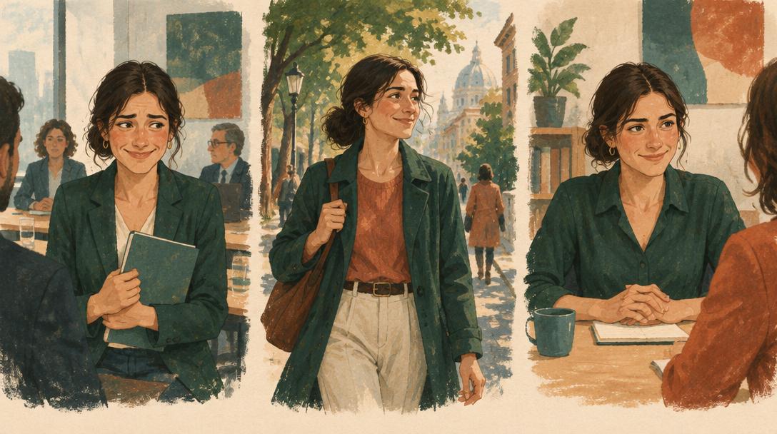 La misma mujer sonríe en una reunión, al caminar por la calle y al conversar, en tres contextos emocionales diferentes