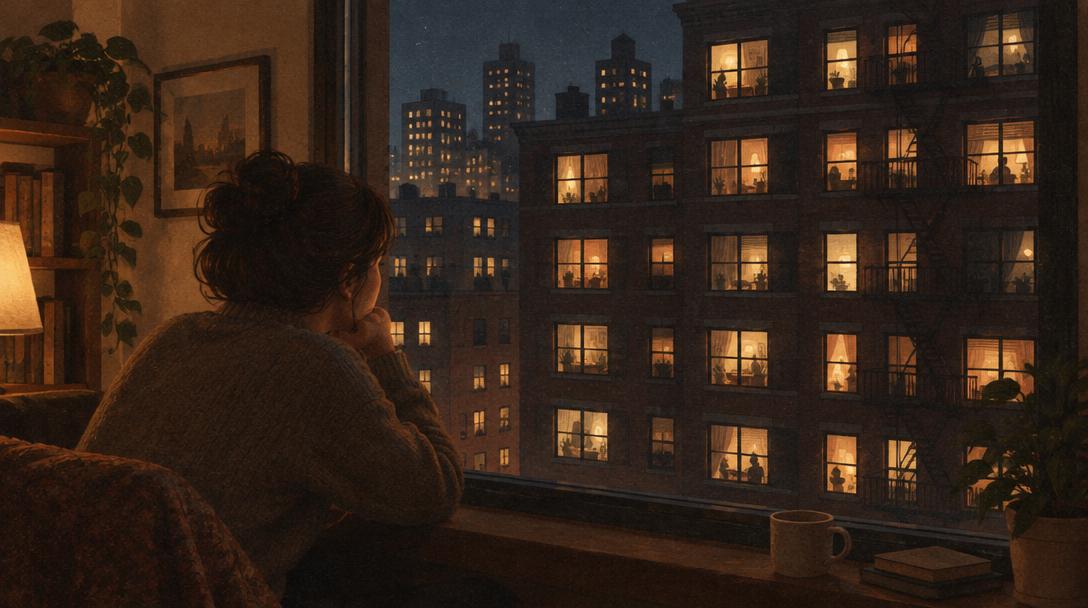Mujer sola mirando por la ventana de su piso de noche hacia muchas ventanas iluminadas de otros edificios