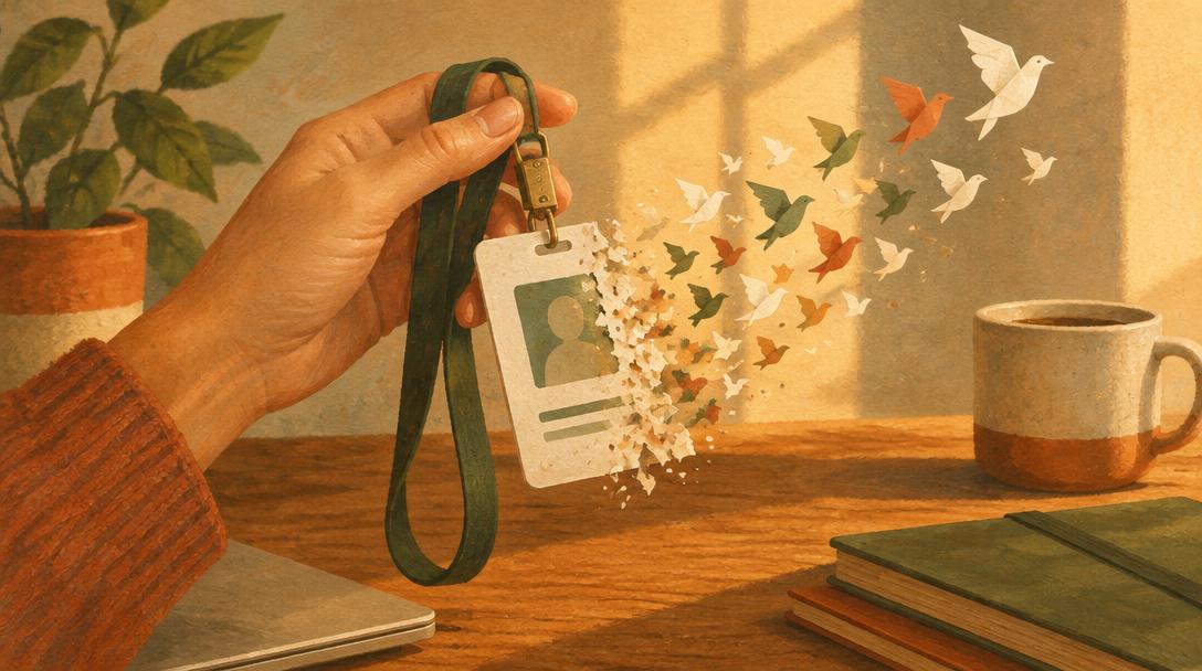 Mano sosteniendo un carné de empleado con cordón que se deshace en pequeños pájaros de papel que vuelan, sobre un escritorio con una taza de café