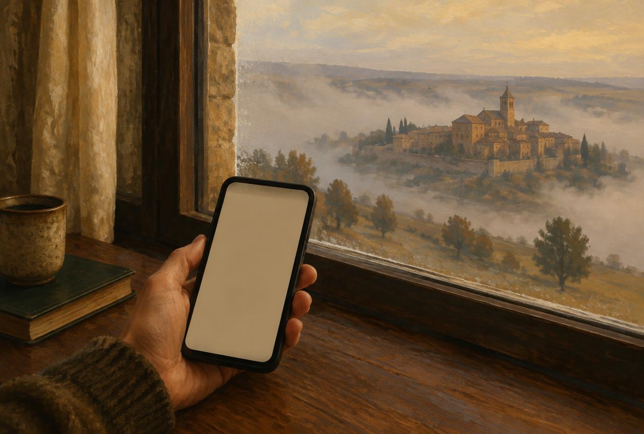 Mano que sostiene un teléfono con la pantalla en blanco junto a una ventana con niebla sobre un paisaje castellano