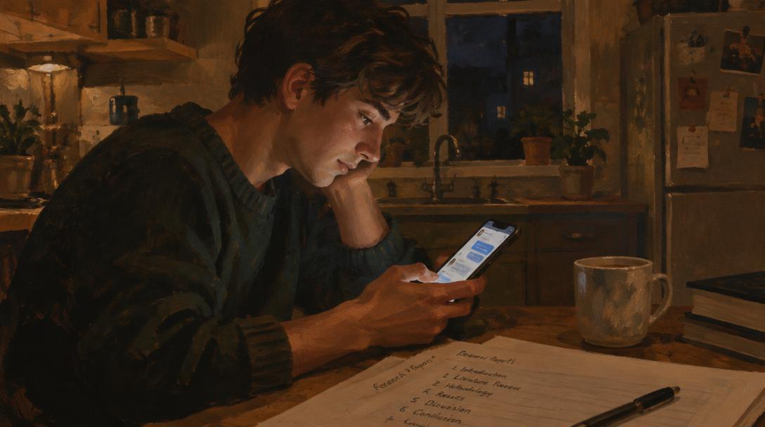 Joven en una cocina de noche mirando el móvil con un chat abierto mientras un informe escrito a mano queda sin terminar sobre la mesa