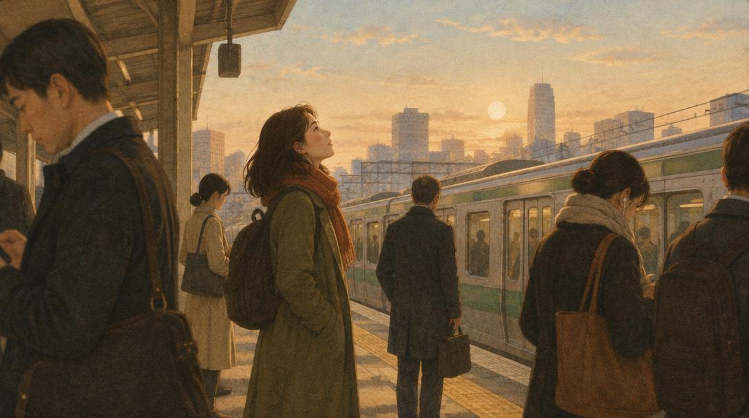 Personas esperando en un andén de tren por la mañana mientras una mujer con bufanda naranja mira al cielo