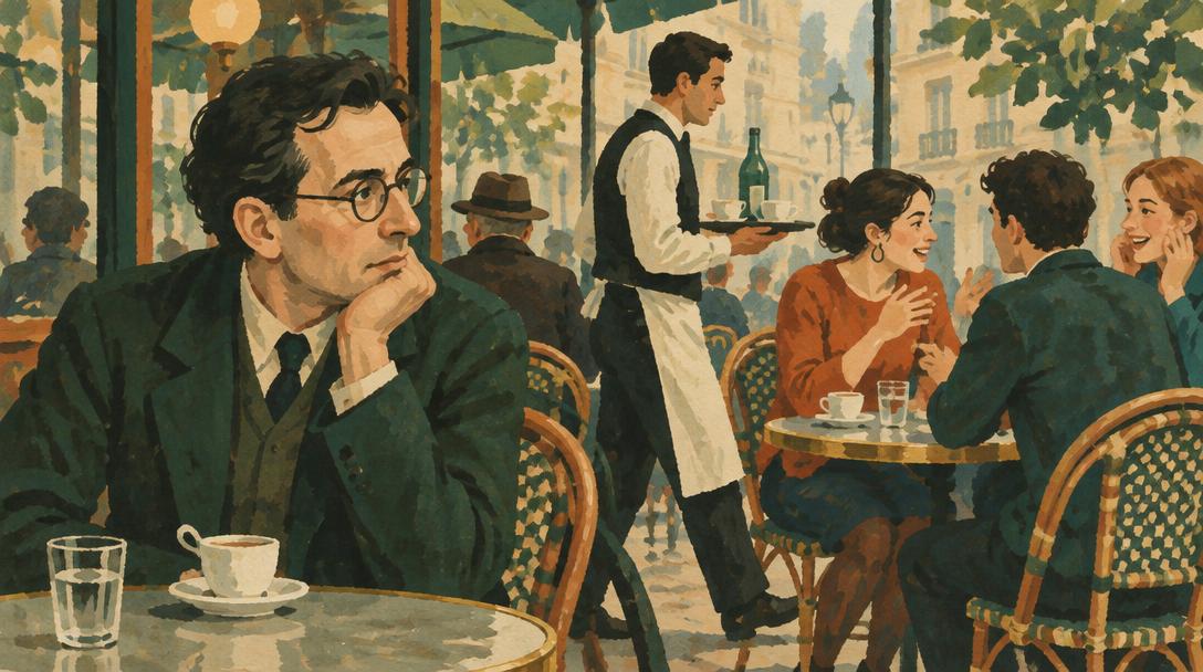 Evocación artística de un filósofo con gafas en un café que observa los gestos de un camarero y de varias personas conversando