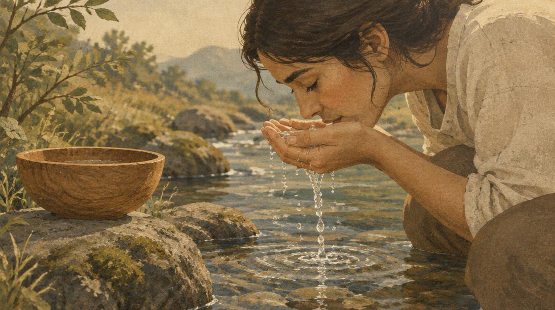 Mujer bebiendo agua con las manos de un arroyo junto a un cuenco de madera sobre una roca