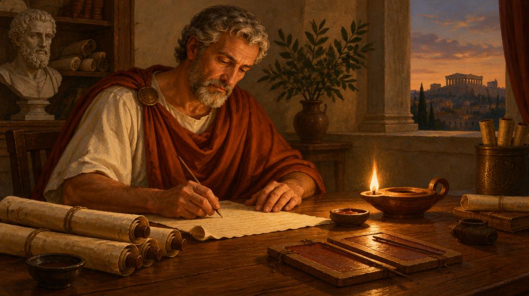 Filósofo romano escribiendo una carta a la luz de una lámpara de aceite sobre un escritorio de madera rodeado de rollos y tablillas