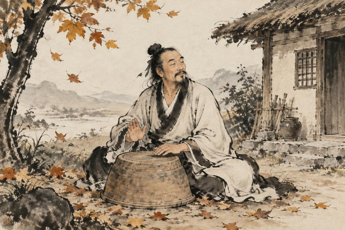 Ilustración a tinta del sabio chino Zhuangzi sentado en el suelo tocando un cuenco de barro bocabajo, junto a una casa sencilla en otoño