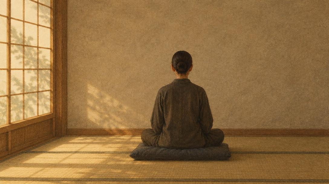 Persona sentada en meditación zazen sobre un cojín frente a una pared lisa, con luz suave entrando por una ventana de papel