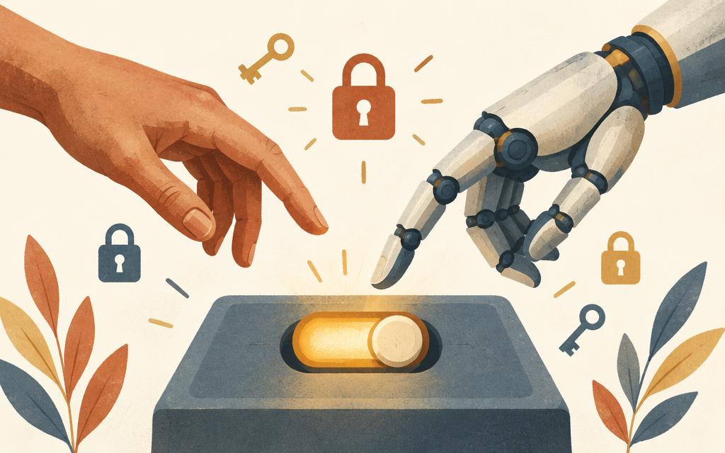 Mano humana titubeando frente a mano robótica a punto de pulsar un interruptor de permiso, con candados y llaves dibujadas alrededor