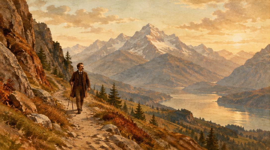 Filósofo del siglo XIX con gran bigote caminando solo por un sendero de montaña con un bastón, entre picos alpinos y un lago
