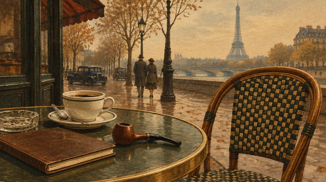 Mesa de café parisino de los años cuarenta con taza, cuaderno y pipa junto a una silla vacía