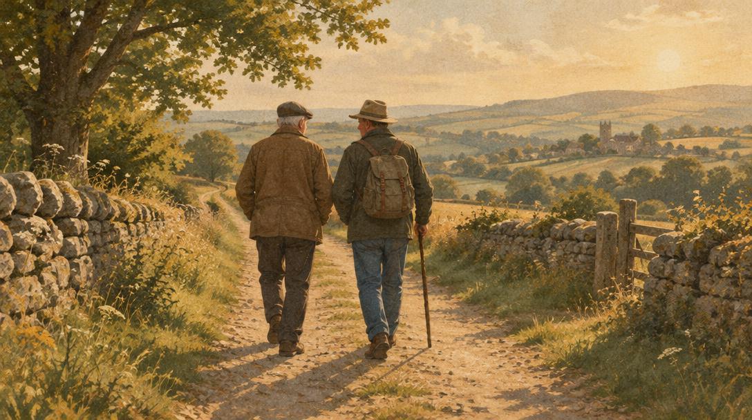 Dos amigos mayores caminando juntos de espaldas por un camino rural al atardecer