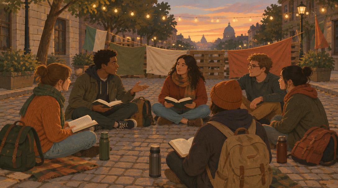 Estudiantes sentados en círculo sobre una calle empedrada al atardecer, leyendo y conversando entre mochilas durante un bloqueo pacífico