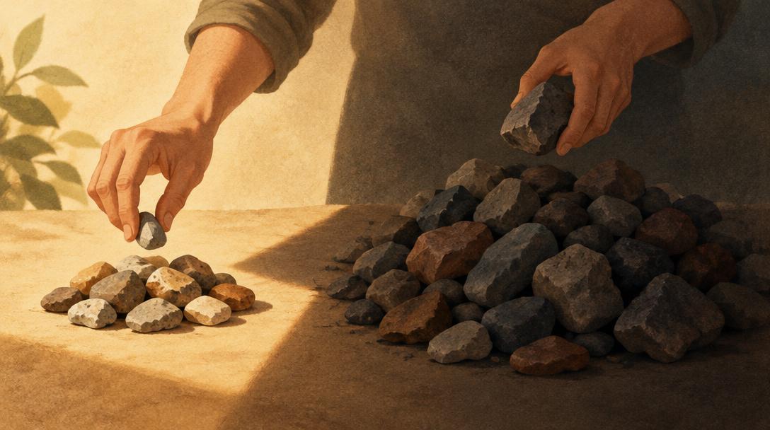 Dos manos separan piedras en un montón pequeño iluminado y otro grande en sombra, metáfora de lo que depende de ti