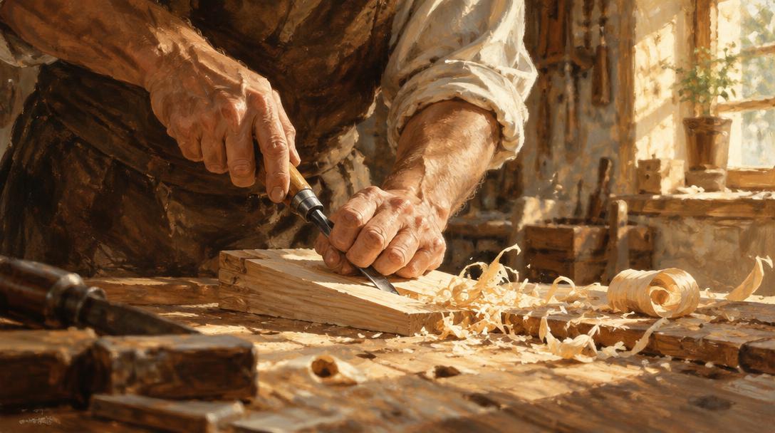 Manos de un carpintero tallando una pieza de madera con un formón en un taller iluminado por el sol, rodeadas de virutas