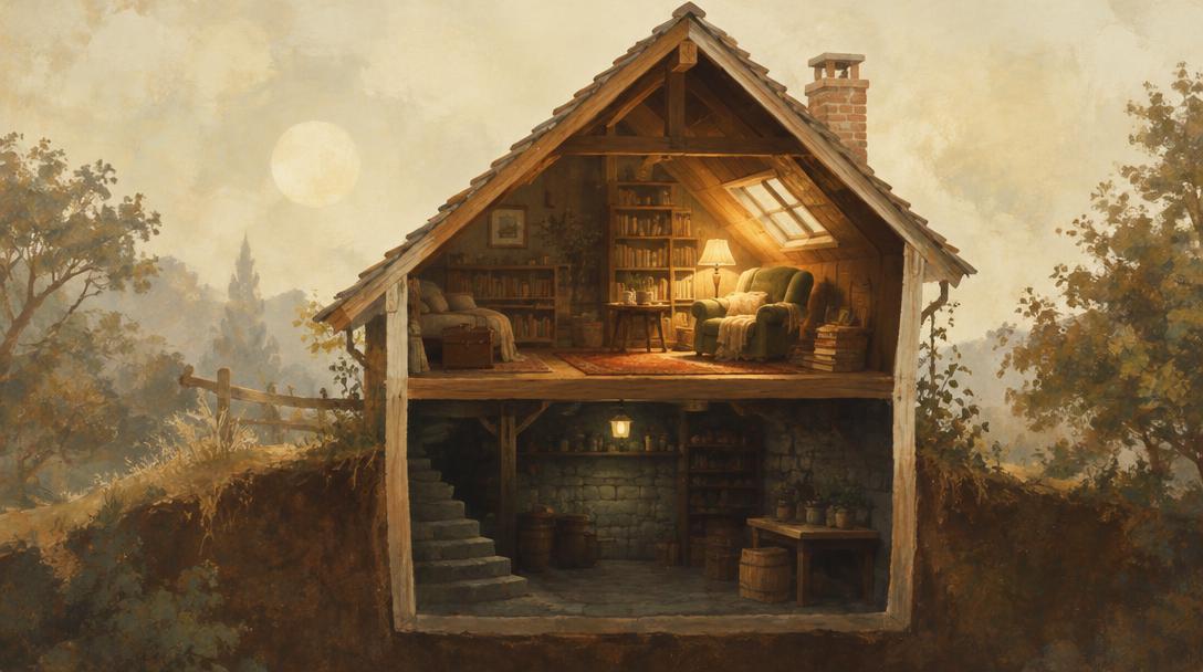 Sección de una casa antigua con un desván acogedor iluminado por una lámpara de lectura y un sótano oscuro debajo