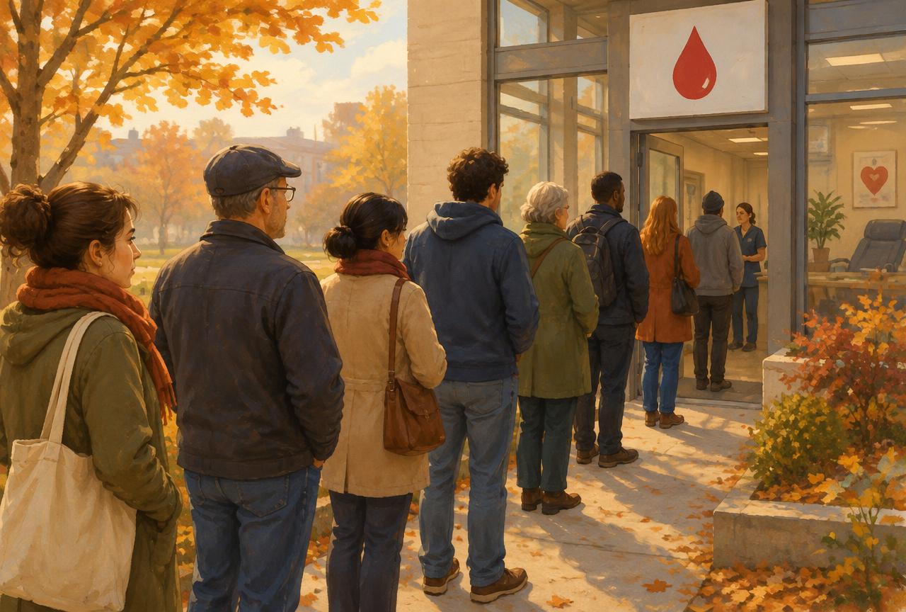 Fila de personas de distintas edades esperando con calma a la entrada de un centro de donación de sangre en otoño