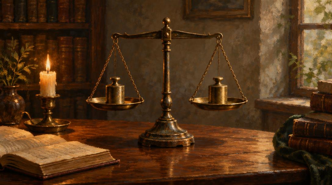 Balanza antigua con dos pesos iguales perfectamente equilibrada sobre un escritorio de madera junto a un libro abierto y una vela