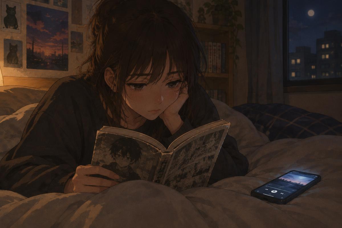 Joven de noche en la cama leyendo un manga gastado, con el móvil iluminado a su lado y expresión triste