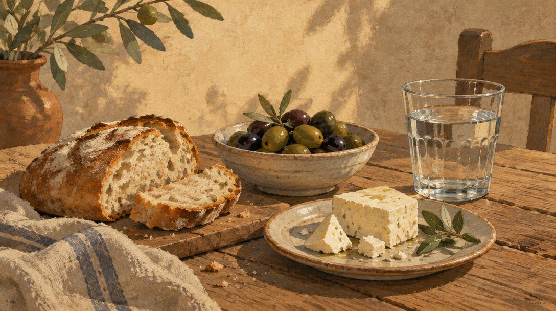 Comida sencilla de pan, aceitunas, queso y agua sobre una mesa rústica de madera