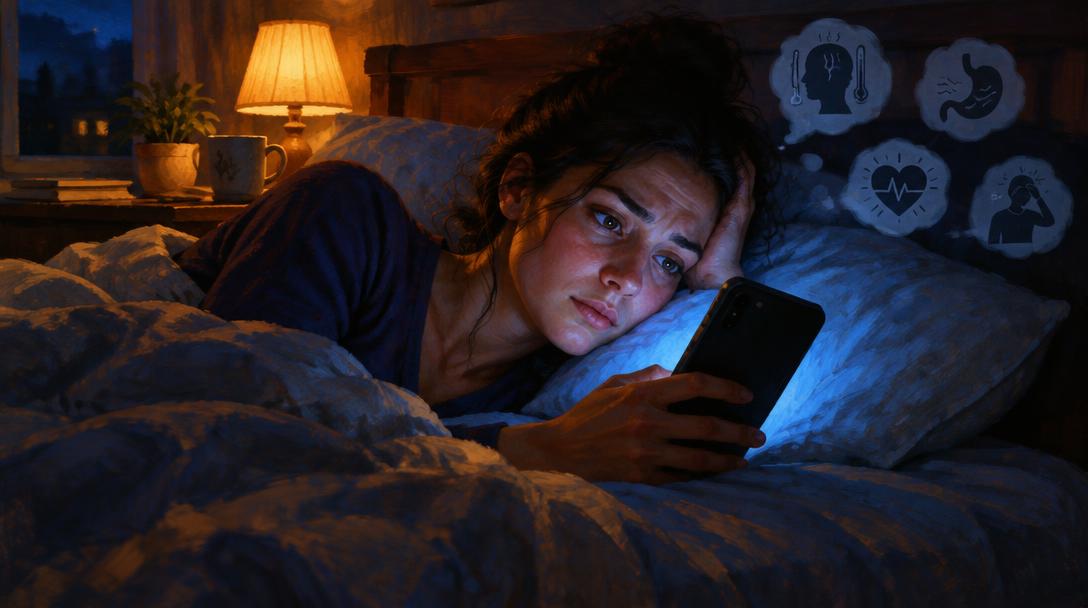 Mujer despierta de noche en la cama mirando la pantalla del móvil con gesto preocupado mientras busca síntomas