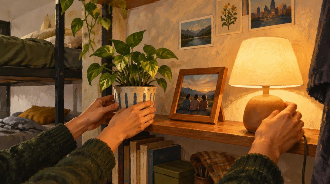 Manos colocando una planta pequeña, una fotografía y una lámpara en la estantería de una habitación compartida y modesta