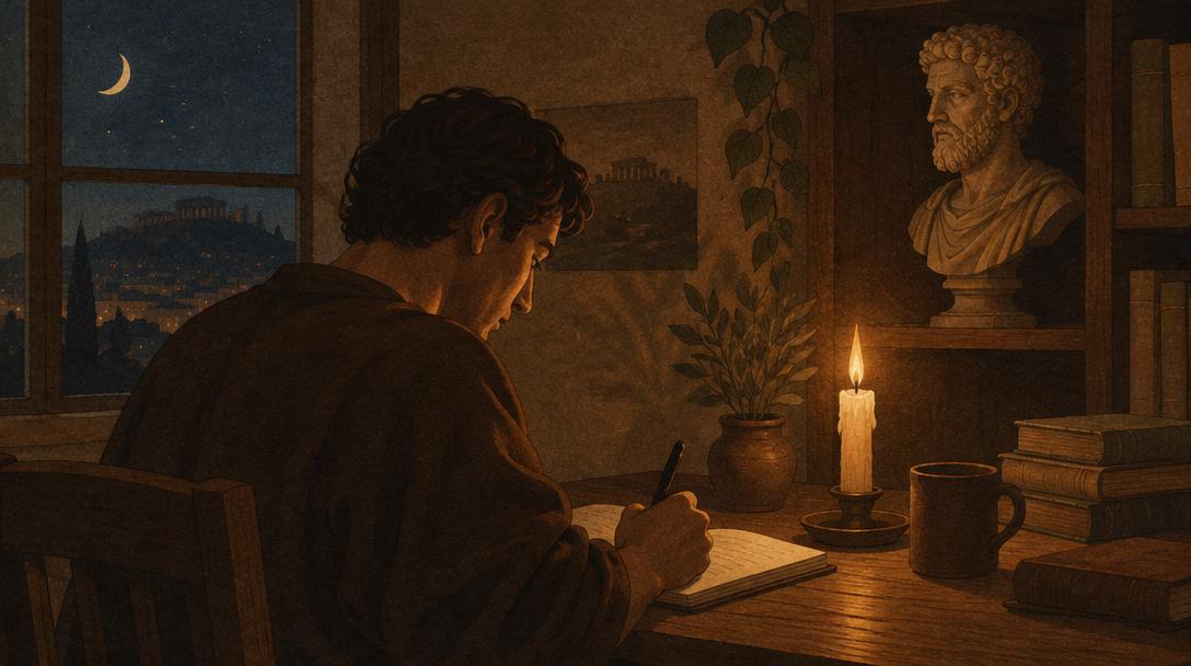 Persona escribiendo en un cuaderno a la luz de una vela junto a un busto de Marco Aurelio