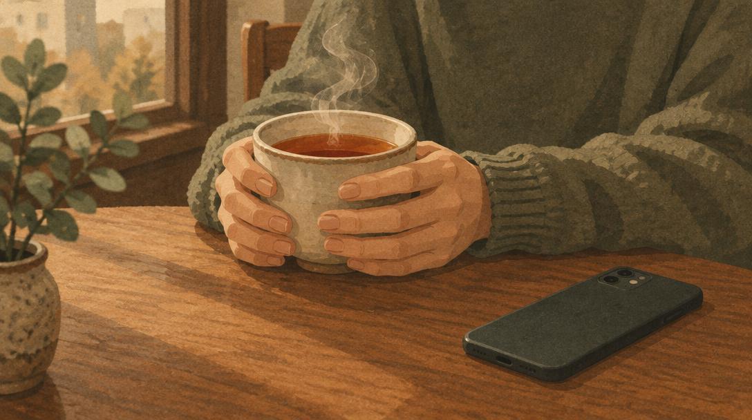 Manos sujetando una taza de té humeante sobre una mesa de madera, con el móvil boca abajo al lado