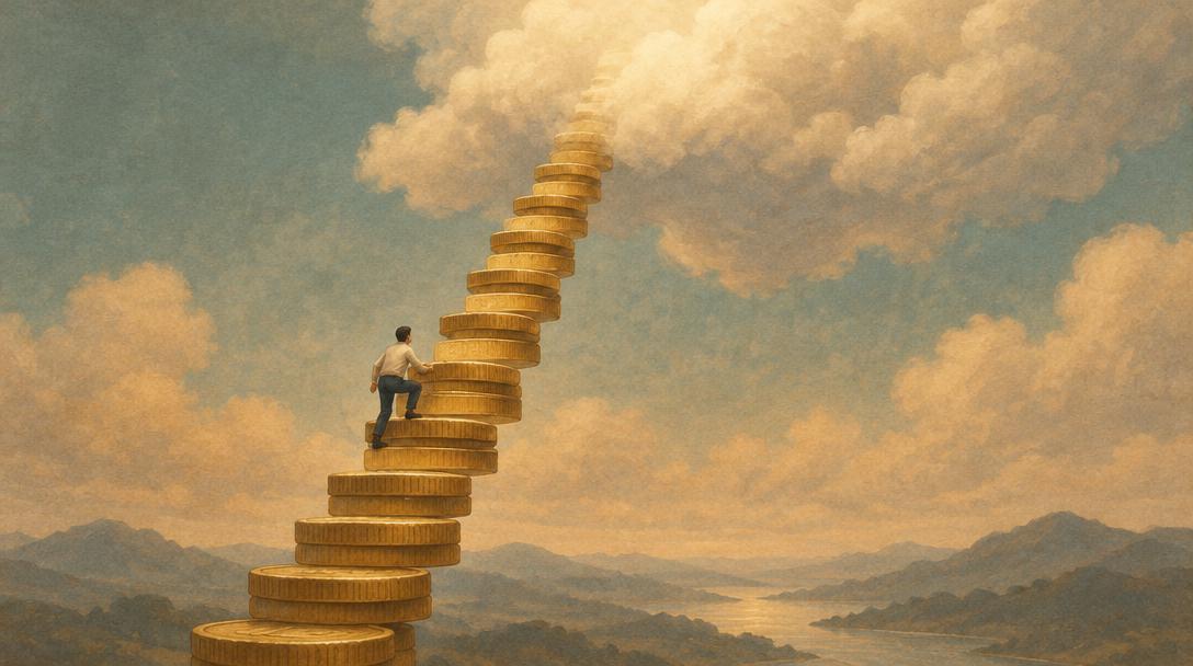 Pequeña figura subiendo una escalera de monedas de oro que se pierde entre las nubes sin llegar a la cima