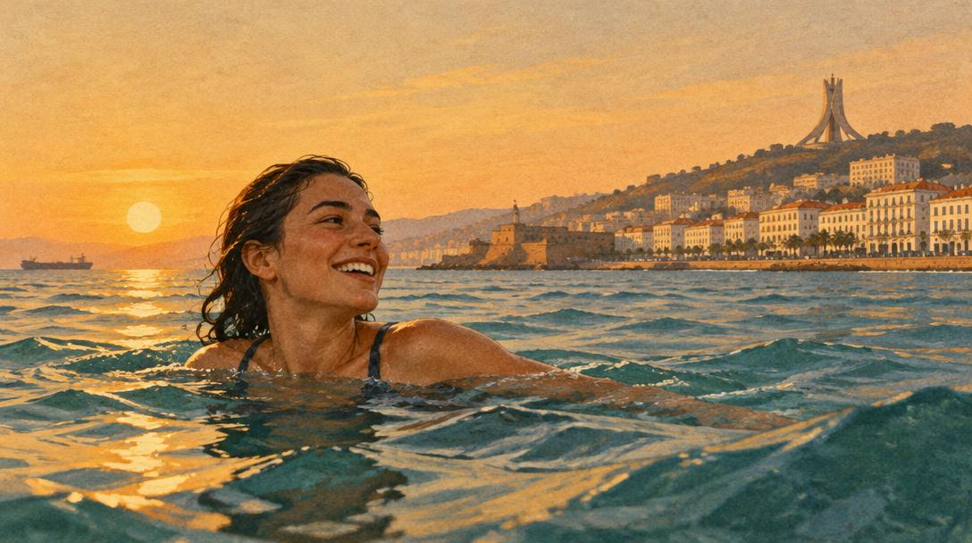 Mujer nadando sonriente en el mar Mediterráneo frente a la costa de Argel al atardecer