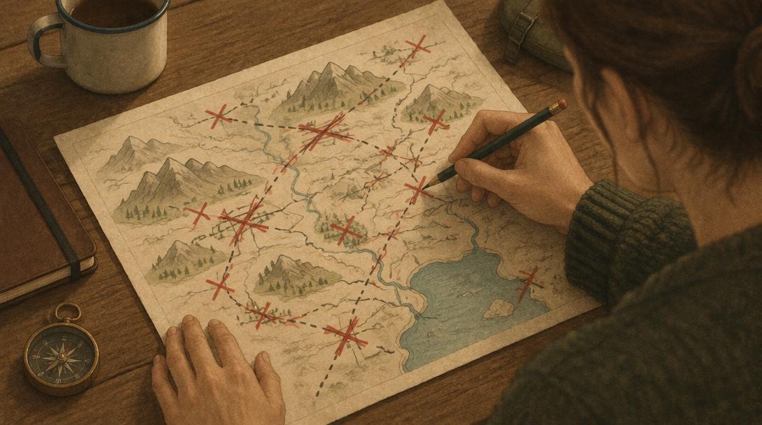 Persona dibujando a lápiz un mapa con muchas rutas tachadas en rojo, con una brújula al lado
