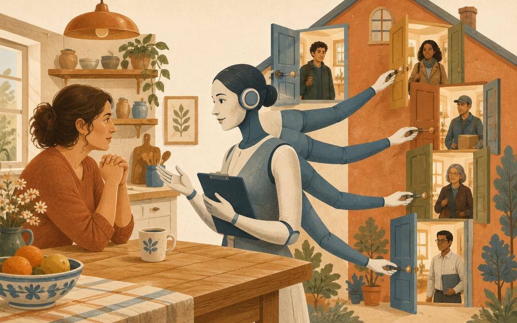 Mujer conversando con un asistente humanoide en su cocina mientras otras manos del asistente abren varias puertas de una casa que muestran a desconocidos dentro