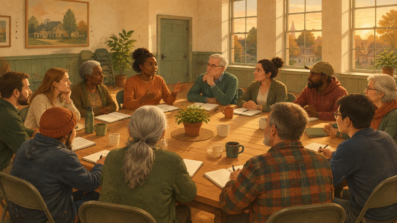 Unas doce personas de distintas edades conversan alrededor de una mesa larga en un local vecinal con luz de atardecer