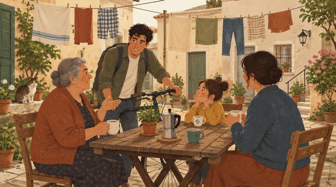 Vecinos de distintas edades reunidos un lunes por la mañana en el patio de un edificio, tomando café alrededor de una mesa de madera bajo los tendederos