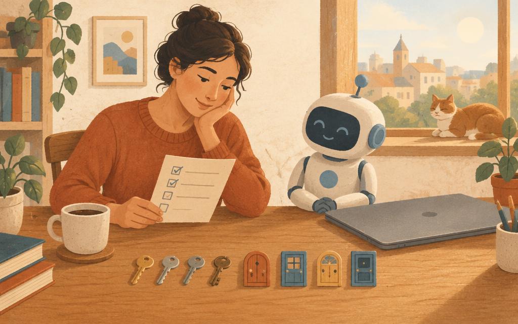 Mujer revisando una lista de comprobación por la mañana junto a una ventana, con llaves y puertas en miniatura alineadas en la mesa y un pequeño robot esperando al lado