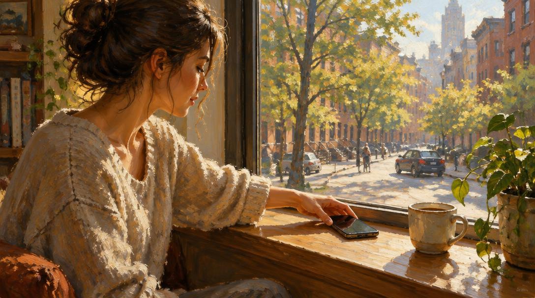 Mujer dejando su teléfono boca abajo en el alféizar de una ventana un lunes por la mañana, con una taza de café y una calle tranquila al fondo