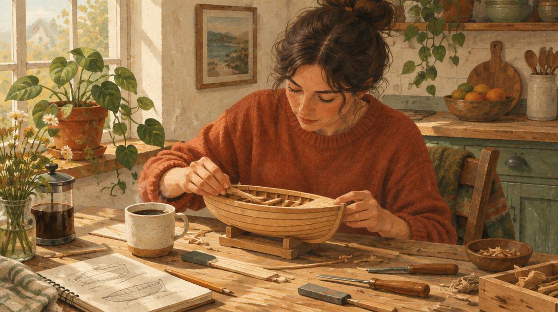 Persona construyendo con las manos una maqueta de barco de madera en la mesa de una cocina, con café, plantas y herramientas
