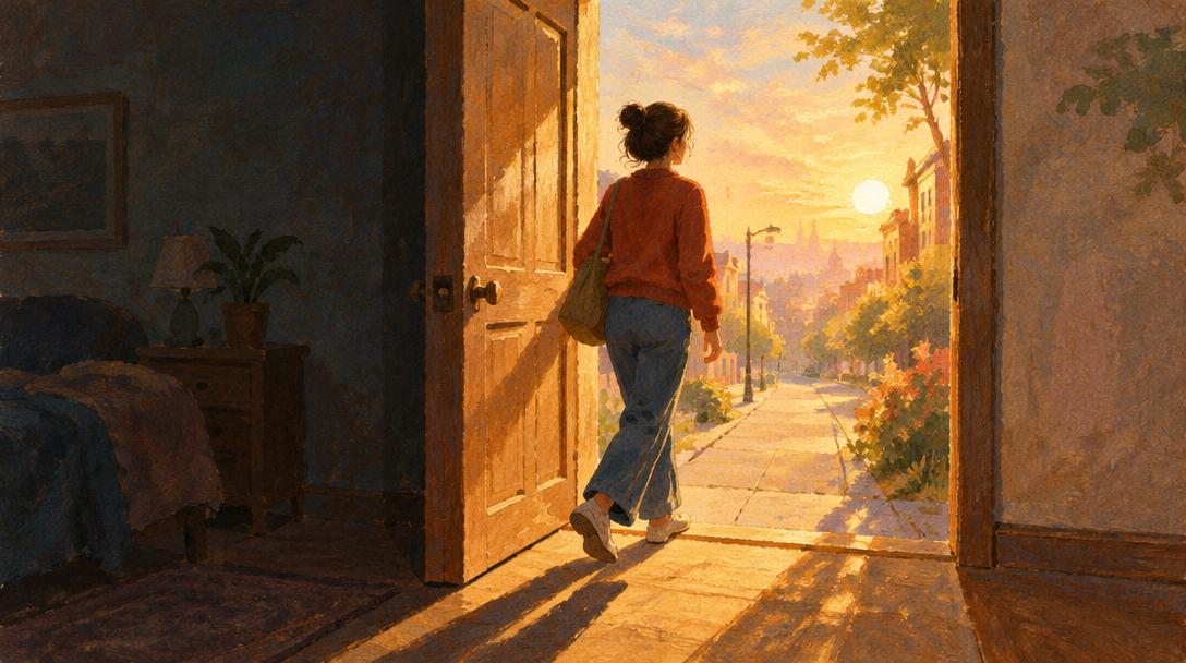 Persona cruzando el umbral de una puerta desde una habitación oscura hacia una calle iluminada por el sol de la mañana