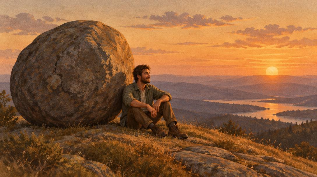 Hombre sonriente sentado junto a una gran roca en la cima de una colina al atardecer