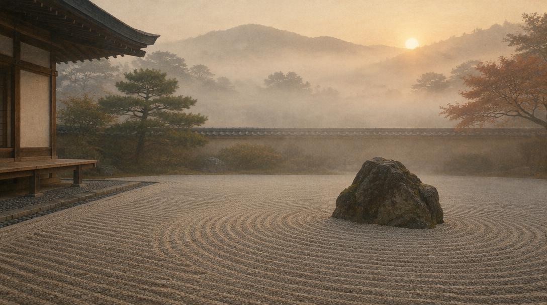 Jardín zen de grava rastrillada con una única roca en el centro y niebla matinal entre los árboles