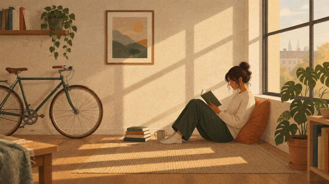 Mujer leyendo en el suelo de una habitación luminosa y despejada con una bicicleta, algunos libros y plantas