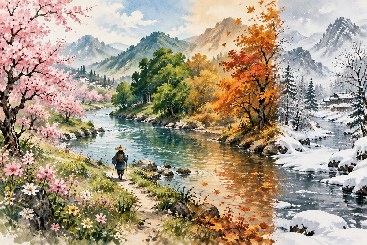 Paisaje en acuarela con las cuatro estaciones a lo largo de un río, desde los cerezos en flor hasta la nieve, con un caminante solitario