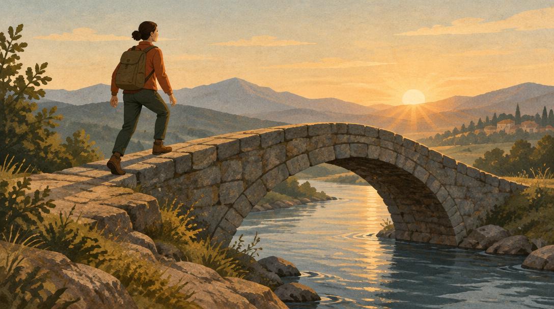 Mujer cruzando decidida un puente de piedra sobre un río al amanecer